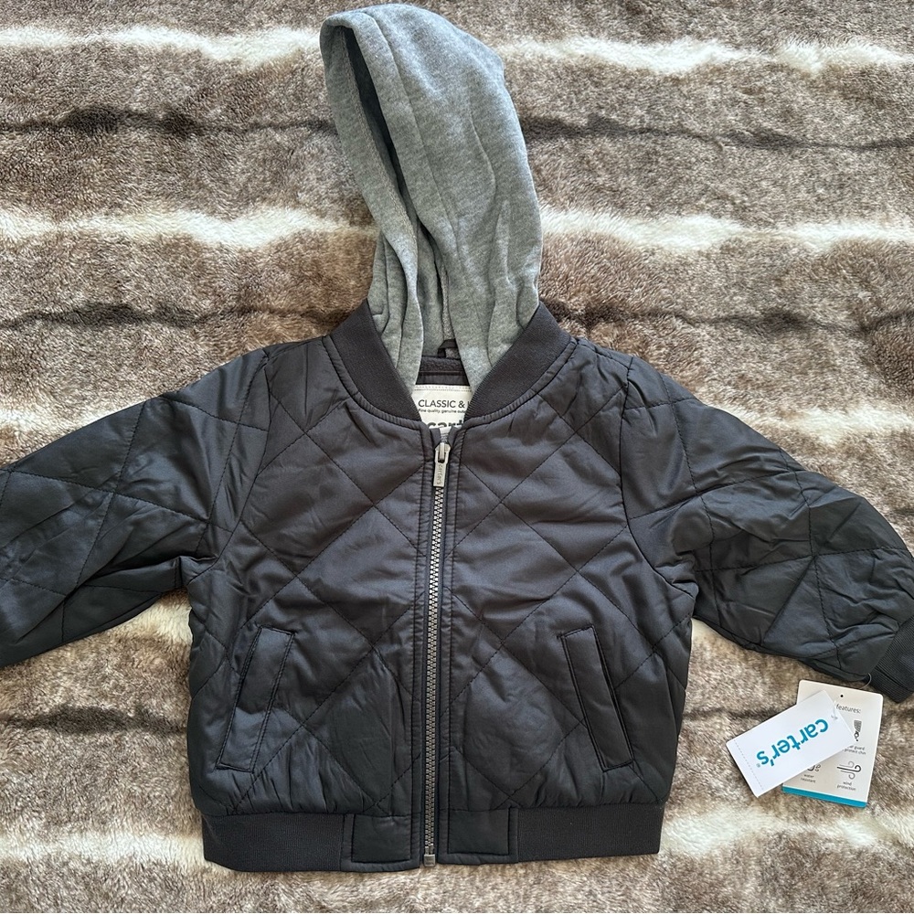 Carter’s Quilted Jacket with Gray Hood NWT size 18 months